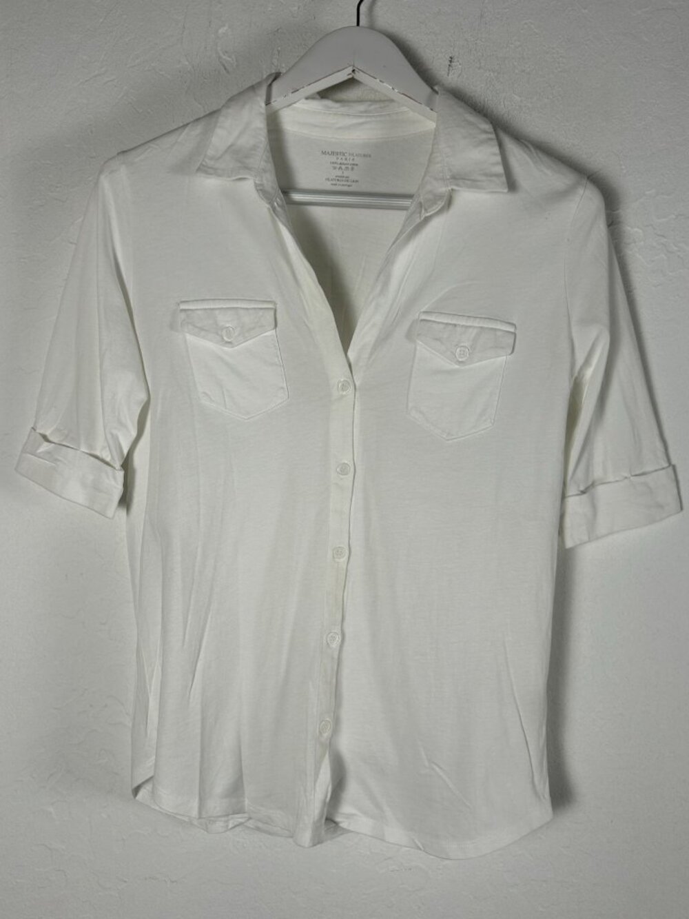 Majestic Filatures Womens Soft Touch Elbow Sleeve Pocket Shirt Size 3 Cotton